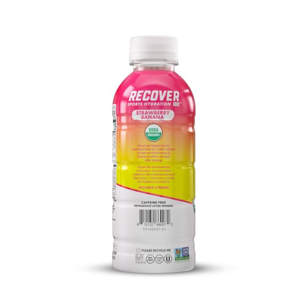 RECOVER 180 Organic Sports Hydration Drink, No Sugar Added, 15 Calorie Sports Beverage, Organic Flavors With Vitamins, Potassium-Packed Electrolytes (16.9 Fl Oz (Pack of 12), Strawberry Banana)
