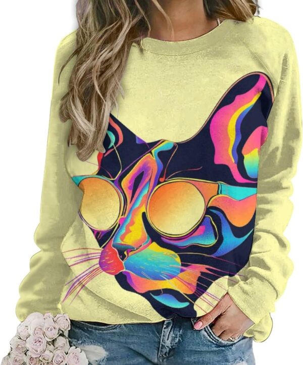 ZOCAVIA Women's Y2K Art Cat Sweatshirts Fall Abstract Cat Graphic Pullover Tops Long Sleeve Oil Painting Cat Printed T Shirts
