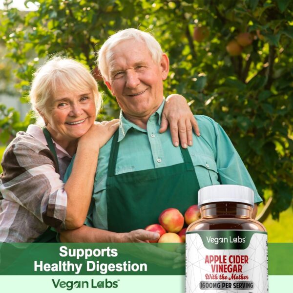 Vegan Labs Apple Cider Vinegar Capsules with The Mother- 180 Vegan Capsules, 1600MG Per Serving- 100% Natural ACV Pills- Supports Healthy Digestion, Keto, Weight Management, Detox, and Immune System