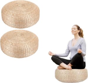 2 Pcs Round Floor Cushion Sitting for Adults, Tatami Floor Pillow for Living Room, Hand Woven Straw Seat(16.8 Diameter x 8 Height)