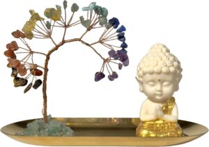 7 Chakra Healing Crystal Tree Gold Small Buddha Decor Gifts for Women,Small Buddha Statues Home Decor, Yoga Meditation Accessories Zen Spiritual Room Home Shelf Decor Feng Shui Good Luck