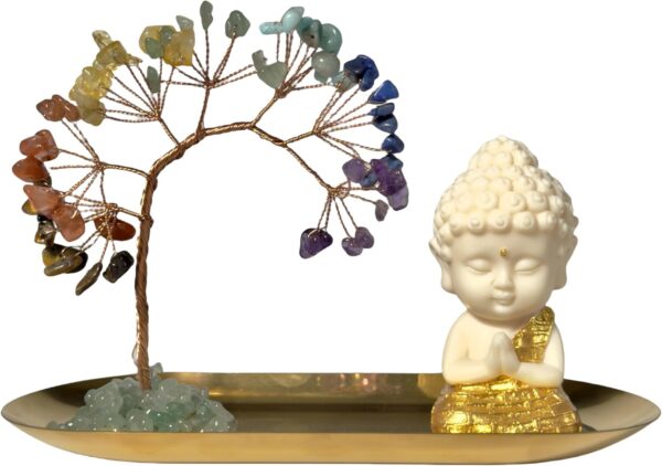 7 Chakra Healing Crystal Tree Gold Small Buddha Decor Gifts for Women,Small Buddha Statues Home Decor, Yoga Meditation Accessories Zen Spiritual Room Home Shelf Decor Feng Shui Good Luck