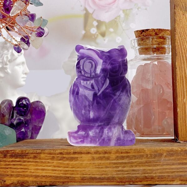 QINJIEJIE 2" Amethyst Owl Decor Crystals Stone Figurines Carved Gemstone Owls Statue Healing Home Room Sculpture Natural Lucky Owl Decorations Cute Purple Office Desk for Women Men