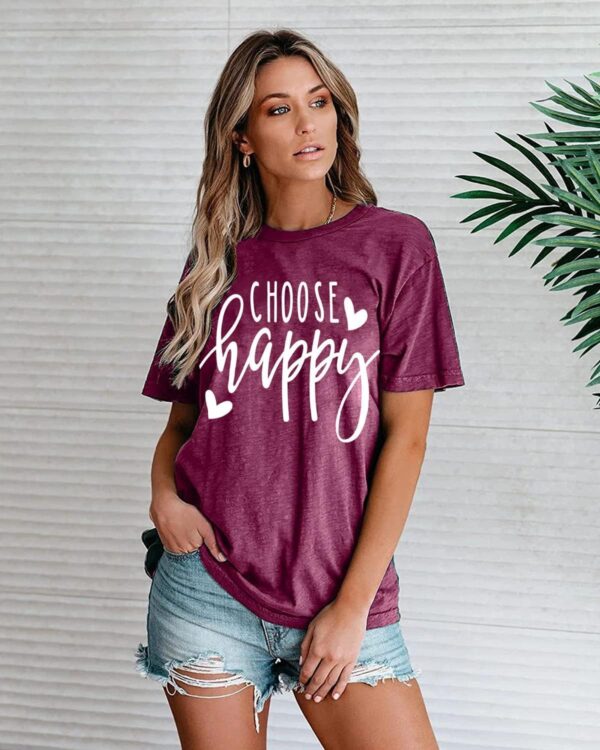 Funny Cute Graphic Tees for Women Choose Happy Letter Print T Shirts Love Heart Inspirational Shirt Casual Short Sleeve Tops