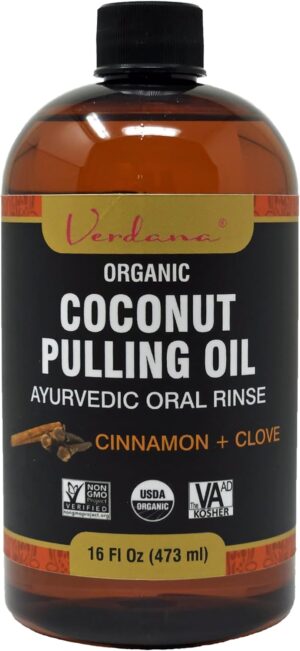 Verdana Organic Coconut Pulling Oil – Big 16 Fl Oz Size – Cinnamon + Clove - Ayurvedic Oral Rinse – USDA Organic, Kosher Non-GMO - Alcohol & Floride Free for Fresh Breath, Healthy Teeth
