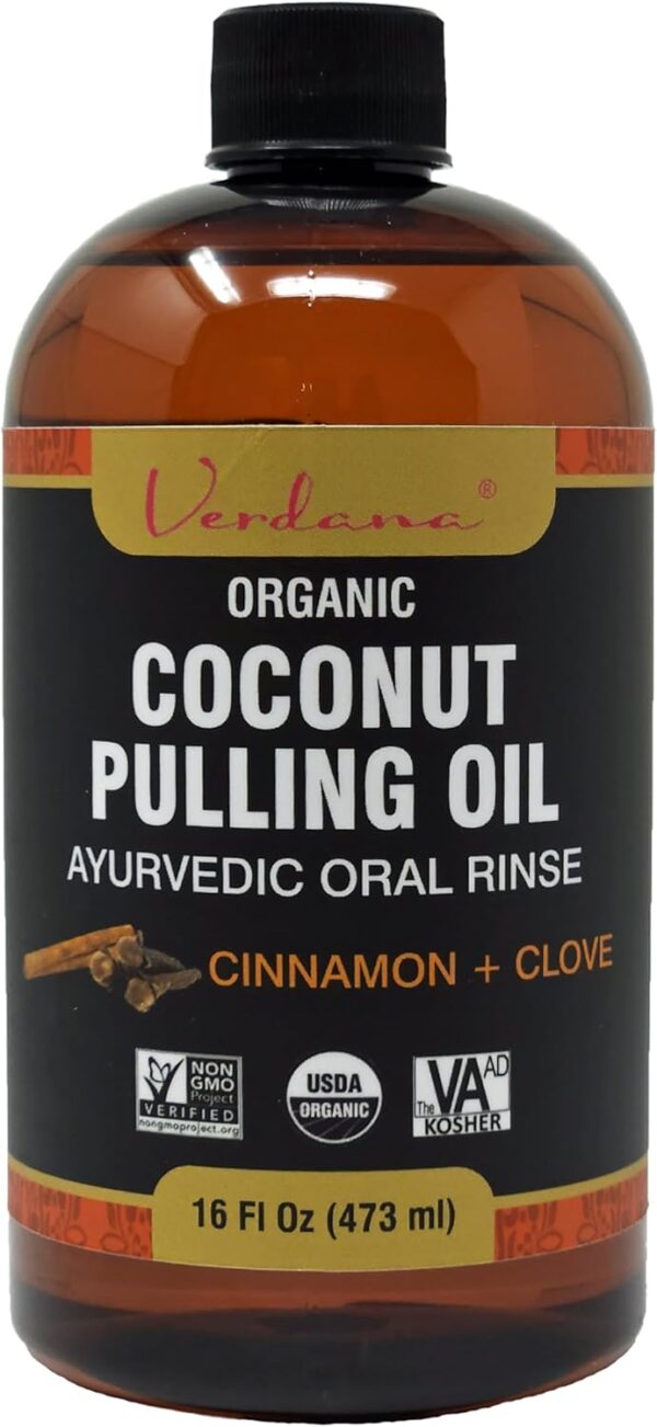 Verdana Organic Coconut Pulling Oil – Big 16 Fl Oz Size – Cinnamon + Clove - Ayurvedic Oral Rinse – USDA Organic, Kosher Non-GMO - Alcohol & Floride Free for Fresh Breath, Healthy Teeth
