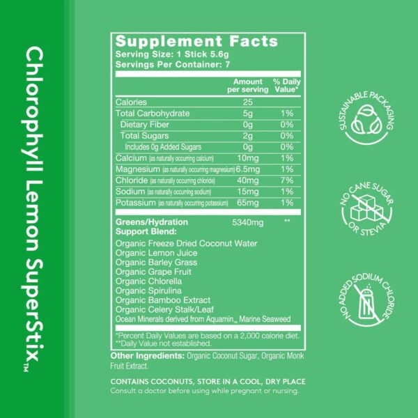 Sol-ti Organic Electrolyte Greens + Hydration Drink Mix, Superfood Hydration Sticks, SuperStix, Non-GMO, Vegan, Chlorophyll Lemon, 14 Sticks