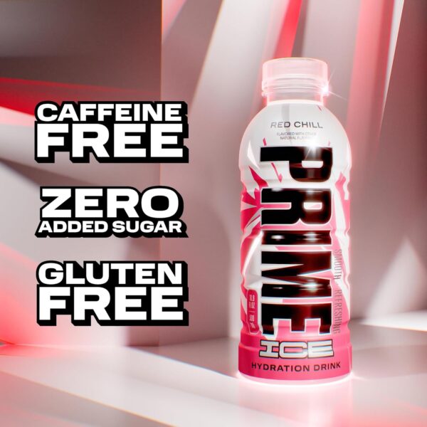 PRIME ICE Hydration RED CHILL, Sports Drinks, Electrolyte Enhanced for Ultimate Hydration, 250mg BCAAs, B Vitamins, Antioxidants, Low Sugar, 16.9 Fl Oz, 12 Pack