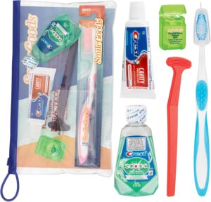 Practicon Adult Dental Care Kit, Travel Size Bundle w/Toothbrush with Cover, Crest Toothpaste, Floss, Tongue Cleaner and Scope Mouthwash, TSA Compliant Oral Care Kit