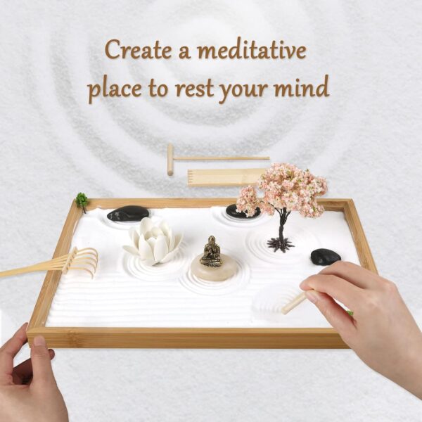 Zen Garden Kit for Office Desk, Japanese Meditation Decor Sand Art with Tray/Buddha Statue/Handmade Ceramic Lotus Incense Holder/Zen Accessories, Spiritual Gift for Women Men Yoga Mind Relaxation