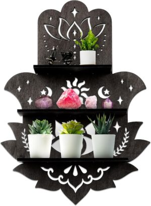 Hamsa Wall Decor Lotus Crystal Shelf Display for Evil Eye Decor Large 17'' Hamsa Hand Boho Wooden Hanging Crystal Holder Shelf Decor Aesthetic Zen Meditation Spiritual Gift Witch Yoga Decor (Black)