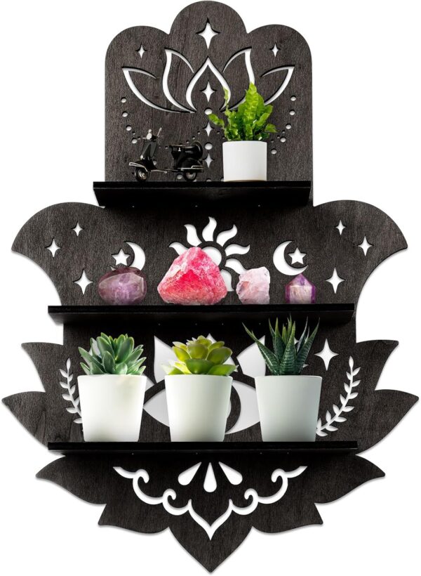 Hamsa Wall Decor Lotus Crystal Shelf Display for Evil Eye Decor Large 17'' Hamsa Hand Boho Wooden Hanging Crystal Holder Shelf Decor Aesthetic Zen Meditation Spiritual Gift Witch Yoga Decor (Black)