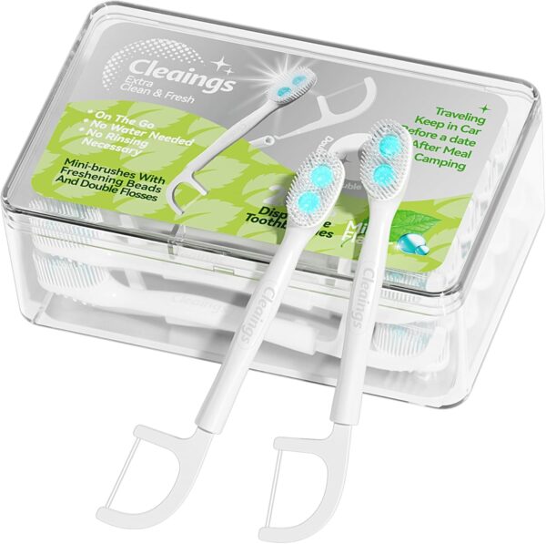 Disposable Toothbrushes with Double Cleaning Beads Toothpaste and Clean Floss Picks for Work or Travel - 20 pcs-Mint Flavor（Pack of 1）