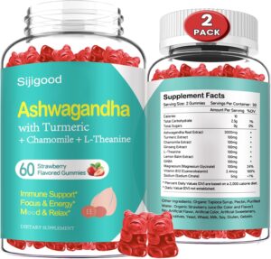 2 Pack Ashwagandha Gummies with L-theanine, 3000mg Ashwa Root Supplement Gummy for Women Men, 120 Strawberry Flavored Gummies