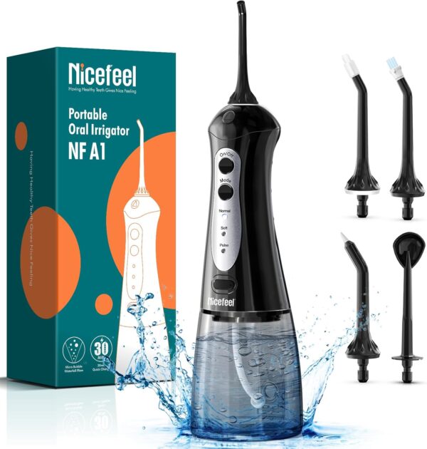 Nicefeel Water Dental Flosser Teeth Pick - Fast Charge Cordless Teeth Cleaner, 3 Modes Portable Oral Irrigator, IPX7 Waterproof Electric Water Dental Flosser for Tonsil Stone, 300ML Tank, Home Travel