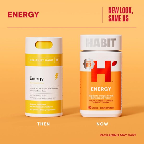 Habit Energy Supplement 2 Pack (120 Capsules) - New Look, Supports Energy, Mental Alertness and Focus, Natural Caffeine, Vitamins B & C, Green Tea Extract, Vegan, Non-GMO