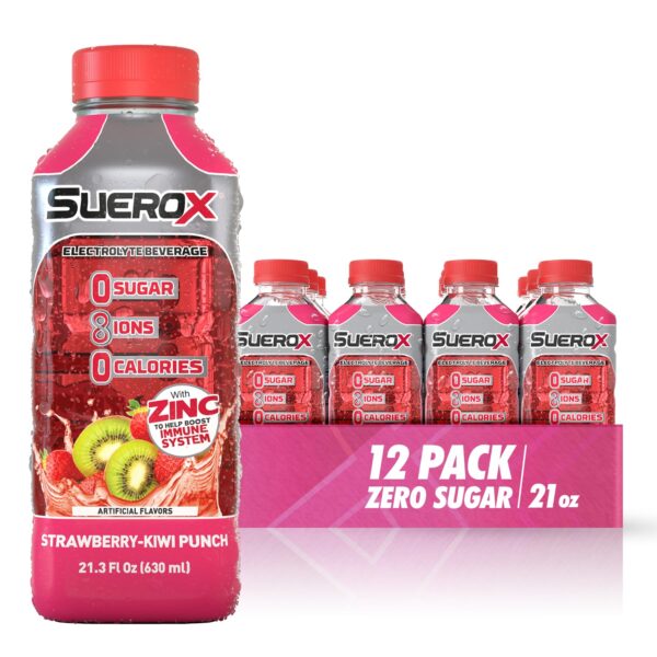 SueroX Zero Sugar Electrolyte Drink for Hydration and Recovery, Unique Blend of Electrolytes & 8 Ions, Zero Calorie Sports Drink, 21.3 Fl Oz, Strawberry-Kiwi Punch, 12 Count