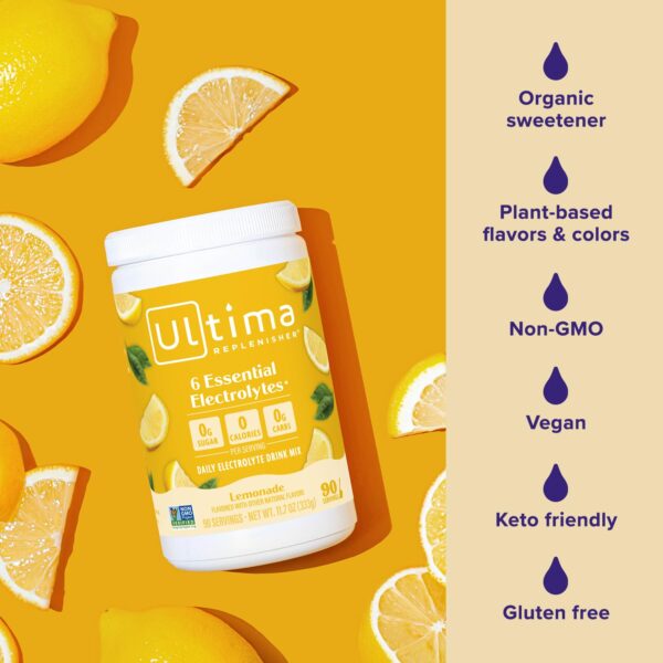 Ultima Replenisher Daily Electrolyte Powder Drink Mix – Lemonade, 90 Servings – Hydration Powder with 6 Key Electrolytes and Trace Minerals – Keto Friendly, Vegan, Non-GMO and Sugar-Free