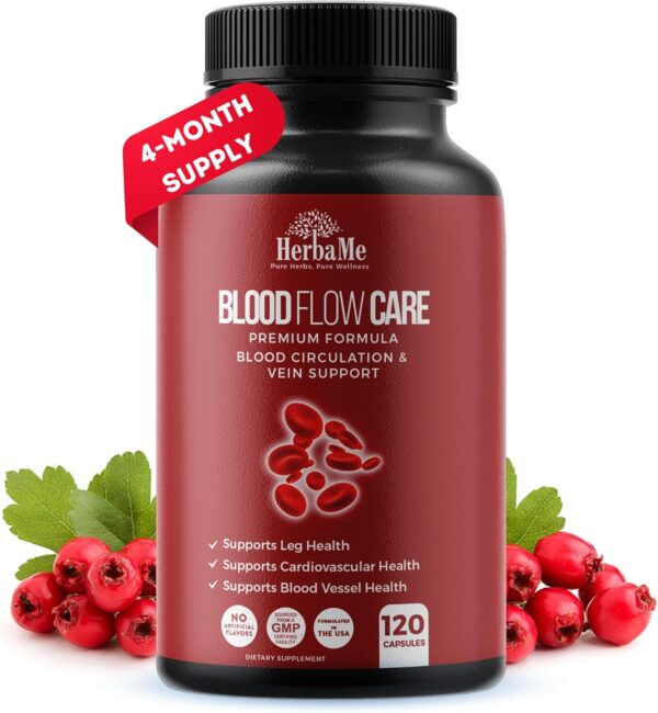 Blood Circulation Supplement, 120 Capsules, Supports Leg Vein, Heart, Vessels and Cardiovascular Health with Niacin, L-Arginine, Ginger, Cayenne Pepper, Hawthorn, Diosmin, Blood Flow Pills