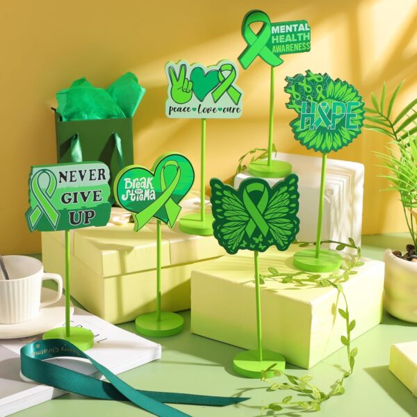 Amyhill 6 Pcs Mental Health Awareness Month Wooden Centerpieces Motivational Mental Health Awareness Standing Block Sign Set Green Ribbon Table Signs Decorations for Office Charity Party Supplies