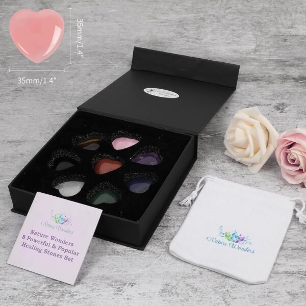 NatureWonders 8 Crystal Hearts 1.4" (Booklet, Pouch, Gift Box) Chakra Stone, Healing Crystal, Palm Thumb Stone, Powerful & Popular, All Natural, Finished with Beeswax, Meditation, Energy Healing Reiki