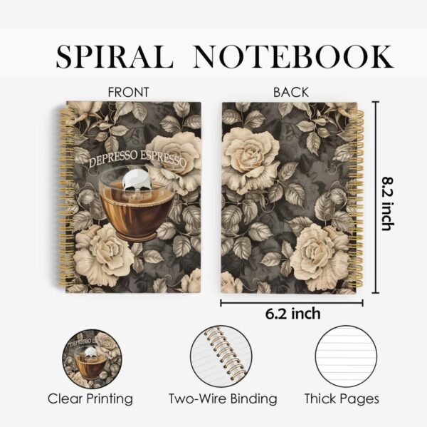 Mental Health Vintage Spiral Notebook, Skull Coffee Mug Cup Journal, Depresso Espresso 5.5"x8.3" 164pages Lined Notebooks College Ruled, Retro Floral Notebook for Office School Supplies