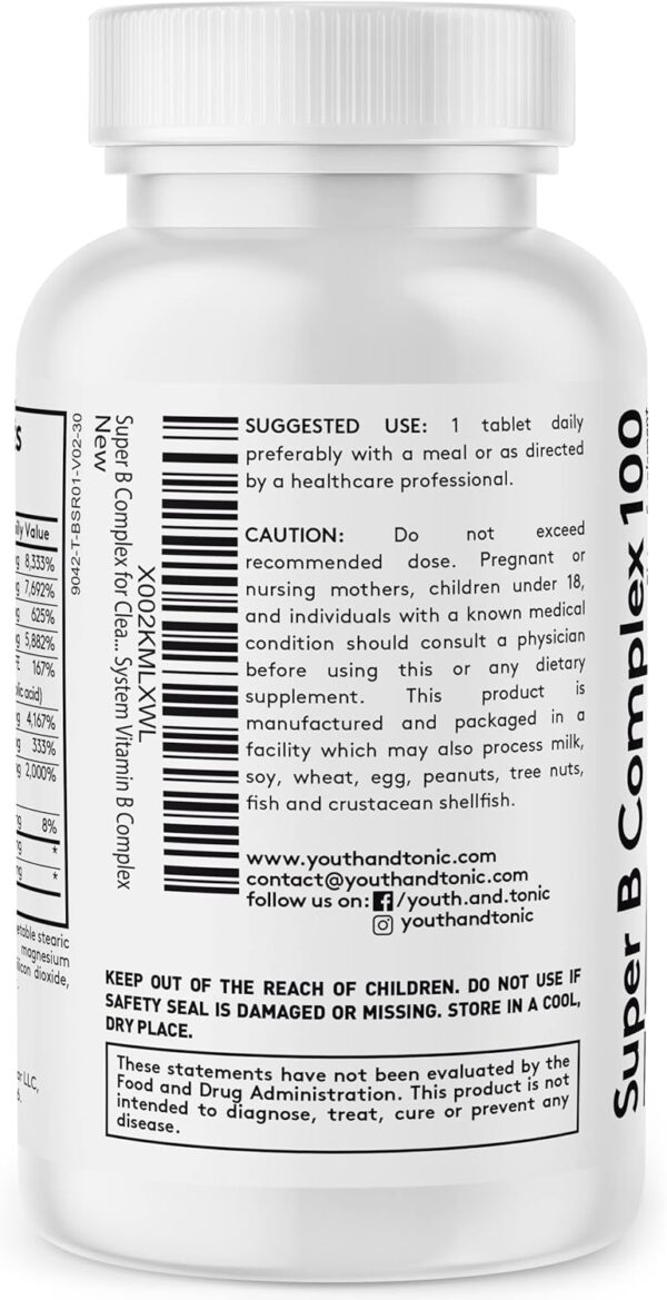 Youth & Tonic Super B Complex for Clear Mind & Healthy Energy Metabolism | Mental Focus Stress Tiredness B 100 | Support for Nervous System Vitamin B Complex