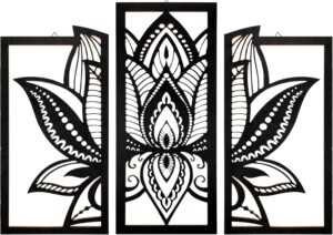 3 Pieces Lotus Flower Wall Art Mandala Carved Wooden Wall Hanging Home Decoration, Wood Art, Meditation/ Spiritual Decor (Black)