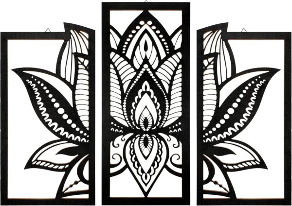 3 Pieces Lotus Flower Wall Art Mandala Carved Wooden Wall Hanging Home Decoration, Wood Art, Meditation/ Spiritual Decor (Black)