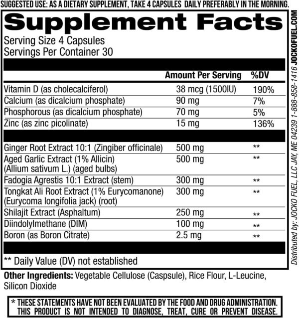 Jocko Fuel Test Booster for Men - Natural Endurance, Stamina, & Strength Booster - Muscle Builder for Men & Nitric Oxide Support with Ginger Root, Shilijat, & Tongkat Ali, 120ct (30 Servings)