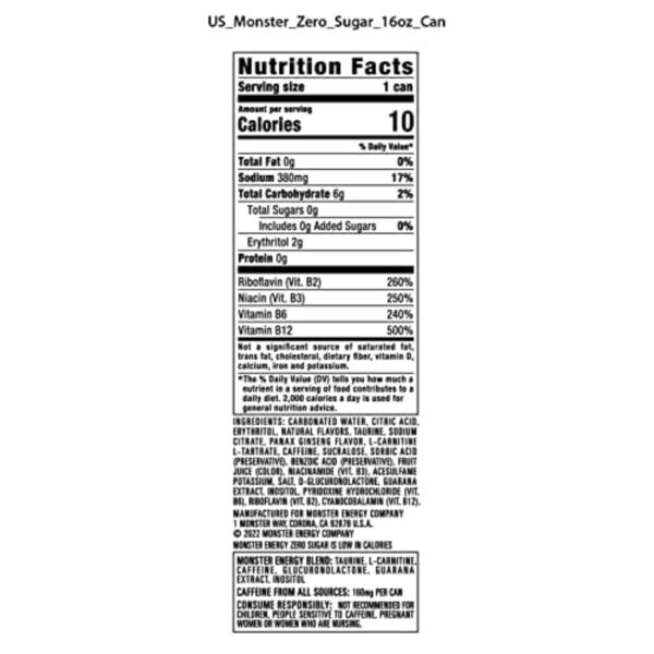 Monster Energy Zero Sugar, Green, Original, Low Calorie Energy Drink, 16 ounce (Pack of 15)