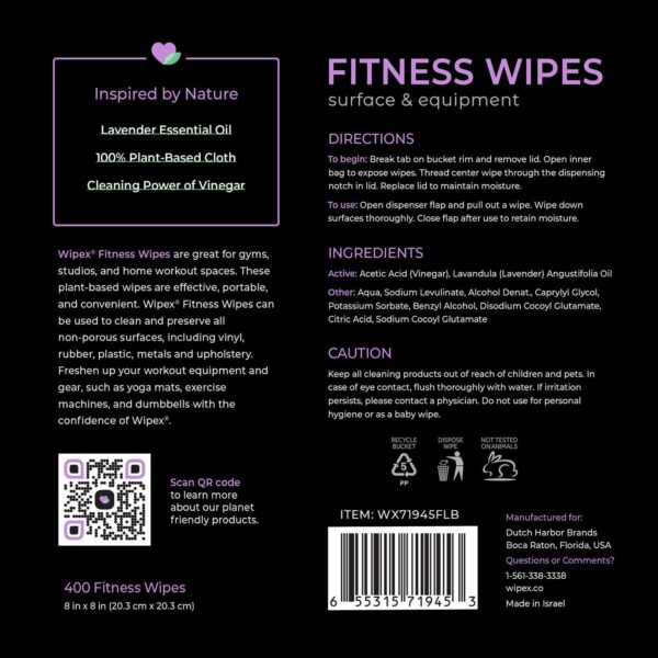 Wipex Gym Wipes – Natural Fitness Equipment Wipes, Plant-Based Cloth - Lavender and Vinegar Wipes to Clean Surfaces, Safe Yoga Mat Cleaner Wipes, All Purpose Gym Cleaner & Peloton Wipes, 400 Count