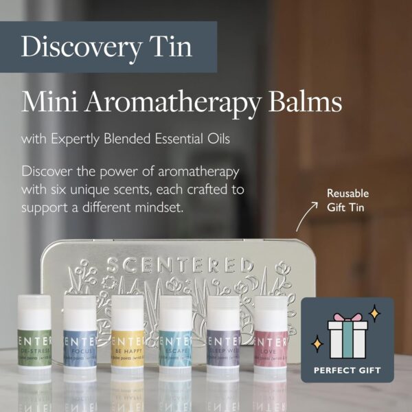 Scentered Aromatherapy Gift Set Discovery Tin - 6X Mini Balms: Sleep Well, De-Stress, Focus, Escape, Happy, Love - Lavender, Rosemary, Ylang Ylang Essential Oils - Aromatherapy Gifts for Women