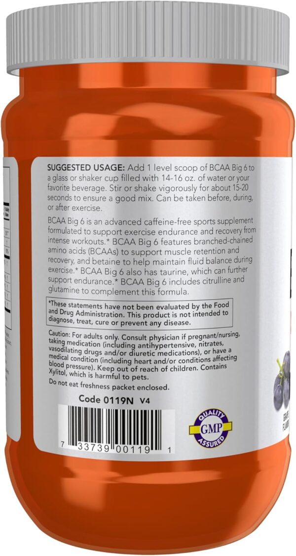 71XTAwYvgQL._AC_SL1500_.jpg NOW Foods Sports Nutrition, BCAA (Branched Chain Amino Acids) Big 6, Grape Flavor, 600 Grams