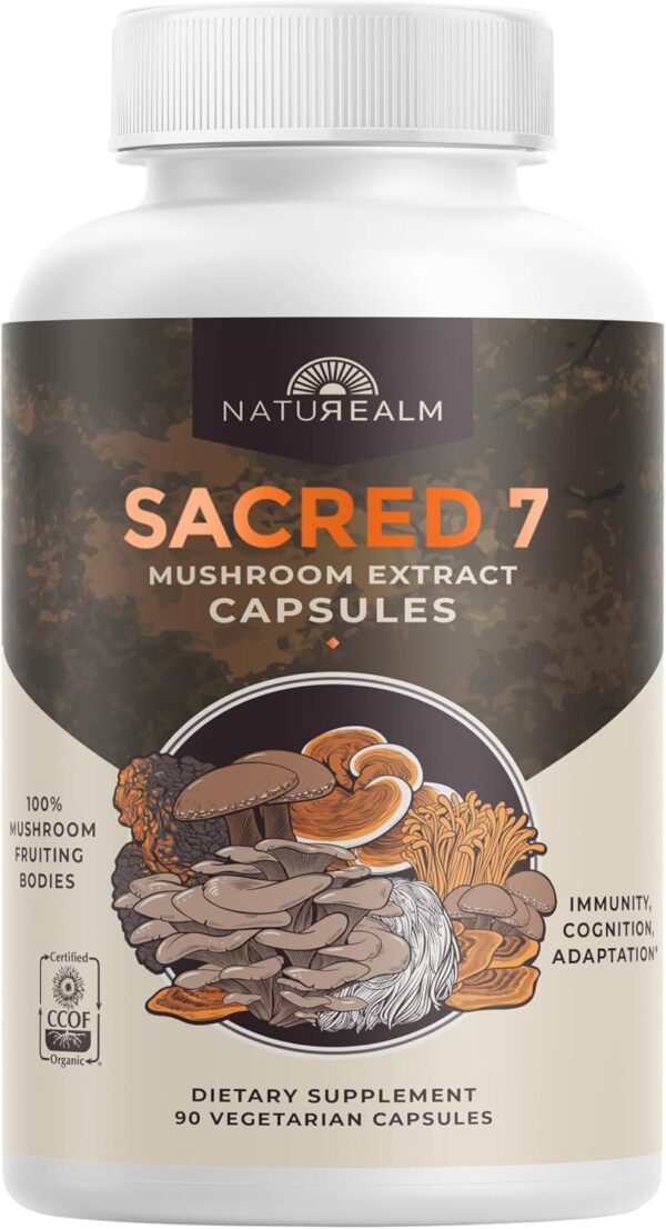 Naturealm Sacred 7 Mushroom Capsules Supplement – Boost Immunity, Focus, Vegan, Non-GMO – Lion’s Mane, Cordyceps, Reishi, Chaga, Maitake, Shiitake – Organic Fruiting Bodies, 30-Day Supply