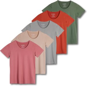 Real Essentials 5 Pack: Women's Dry Fit Tech Stretch Short-Sleeve Crew Neck Athletic T-Shirt (Available in Plus Size)