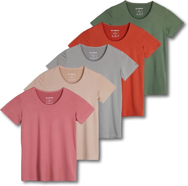 Real Essentials 5 Pack: Women's Dry Fit Tech Stretch Short-Sleeve Crew Neck Athletic T-Shirt (Available in Plus Size)