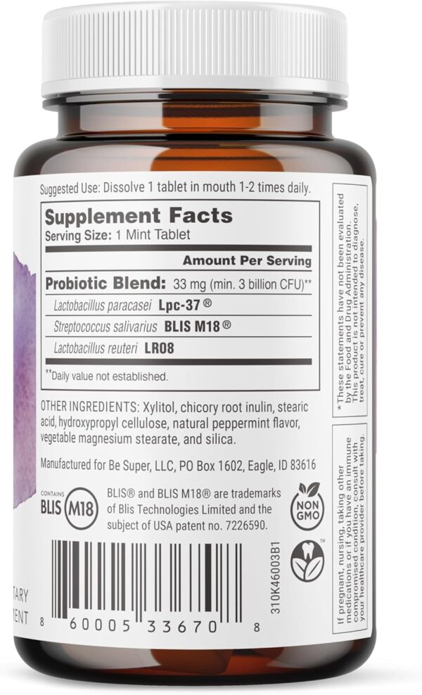 SuperTeeth Chewable Dental Probiotic for Adults & Kids | Support Healthy Teeth & Gums | Oral Health | Fights Bad Breath | BLIS M18 | 30 Mint Flavored Tablets | Fluoride & Sugar Free | Vegan Supplement