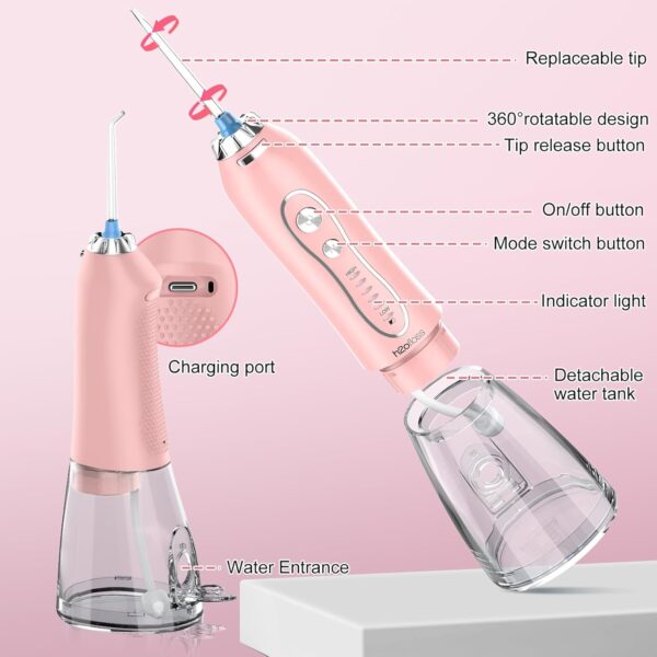 Water Dental Flosser Teeth Cleaner Pick, H2ofloss Cordless Portable Oral Irrigator,5 Mode IPX7 Waterproof Teeth Picks 300ML Rechargeable WaterFlosser for Home Travel (Pink)