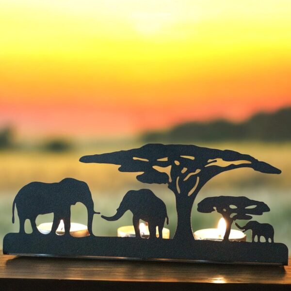 Renovatio Metal Tealight Candle Holder – Safari Elephants Silhouette Decor for Living Room, Meditation Space, Christmas & Wedding – Black Safari Theme