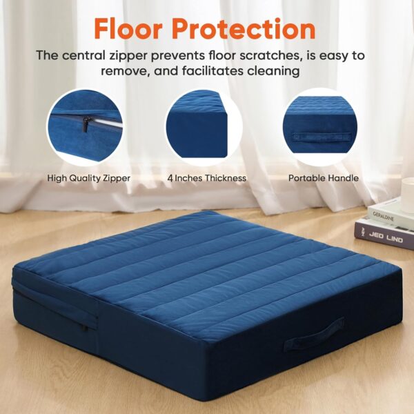 Floor Pillow - Square Large Cushions for Adults, Pillows Seating for Meditation, Yoga, Luxurious Chenille Tufted, Perfect for Bench/Chair Cushion – Navy, 22x22x4 Inch