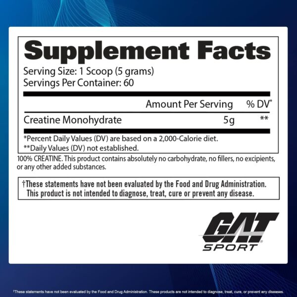 GAT SPORT Creatine Monohydrate Powder, Strength, Brain Health, Anti-oxidant, Endurance, for Men & Women, Unflavored (60 Servings)