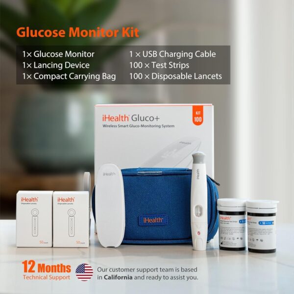 iHealth Gluco+ Wireless Smart Blood Glucose Monitor Kit with Free App, 100 Glucometer Strips, 100 Lancets, 1 Blood Sugar Monitor, 1 Lancing Device, Portable Diabetes Testing Kit for Home Use