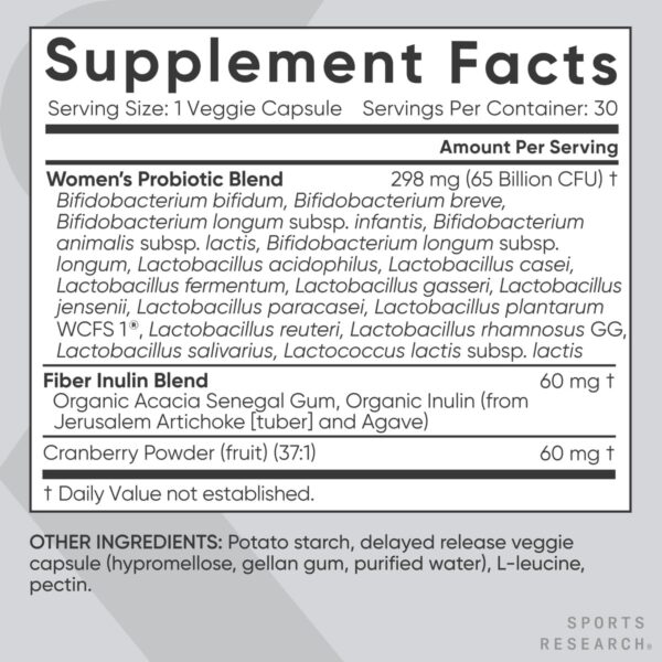 Sports Research Probiotics with Prebiotics & Cranberry | Women's Probiotic Blend with 65 Billion CFU at Expiration | Gluten Free, Non-GMO Verified & Vegan Certified (30 Count)