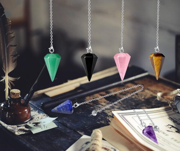 DUQGUHO 6 Pcs Crystal Pendulum Set Wiccan Accessories Divination Tools Natural Healing Crystal Quartz Colored Gemstone Pendants for Spritual Pointed Crystal Grid Reiki Meditation