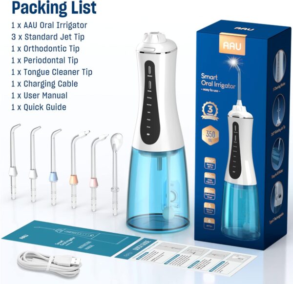 Cordless Water Dental Flosser for Teeth - 350ML Portable and Rechargeable Oral Irrigator with 5 Modes 6 Replaceable Tips - IPX7 Waterproof Powerful Battery Life Water Dental Picks for Travel Home Use