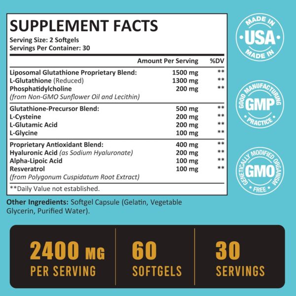 2400 MG Liposomal Glutathione Softgels, Max Absorption, Active Form L-Glutathione Reduced (GSH), with Hyaluronic Acid, Resveratrol, Master Antioxidants for Detox, Brain, Immune System, 240 Softgels