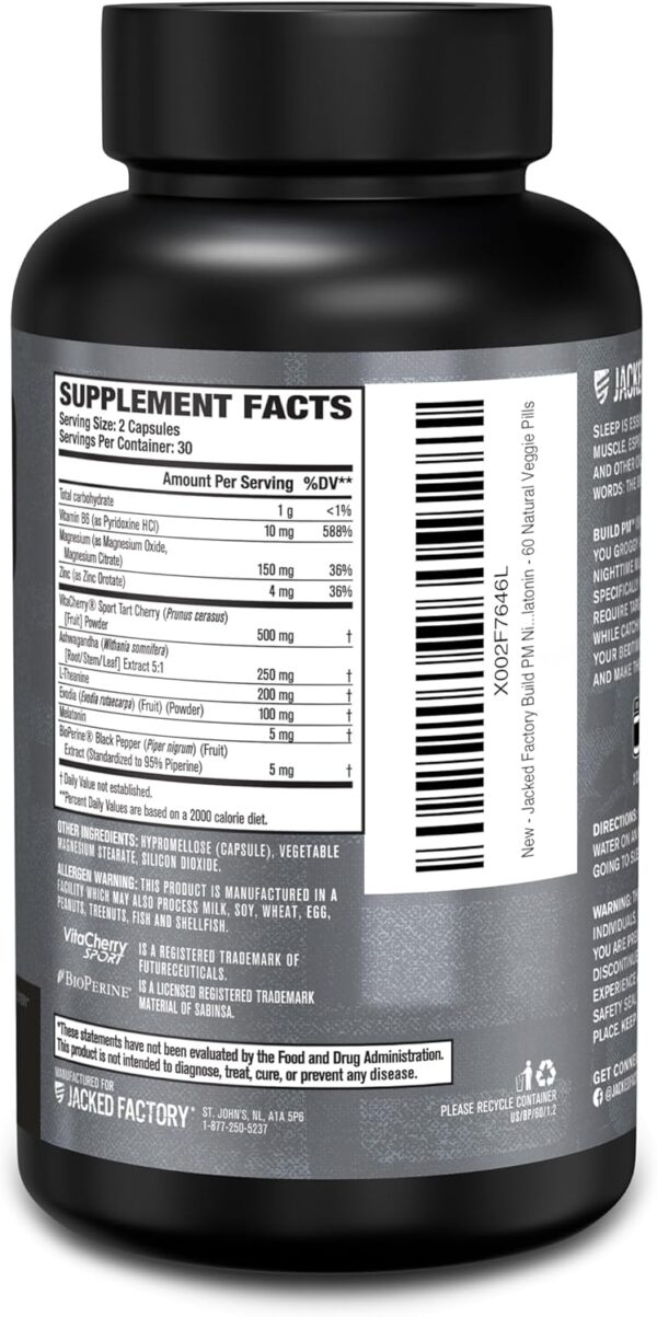 Jacked Factory Build PM Night Time Muscle Builder & Sleep Aid - Post Workout Recovery & Sleep Support Supplement w/VitaCherry Tart Cherry, Ashwagandha, & Melatonin - 60 Natural Veggie Pills