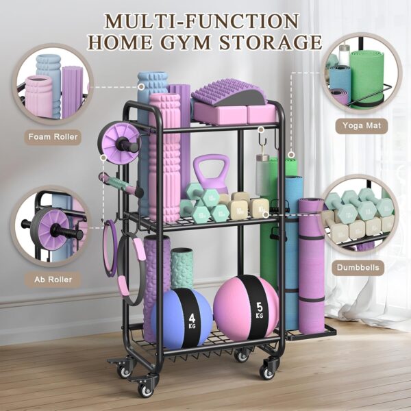 Weight Rack for Home Gym, All in One Yoga Mat Storage Rack, Workout Equipment Storage with Wheels and Hooks for Dumbbells Kettlebells Foam Rollers, Powder Coated Finish Steel