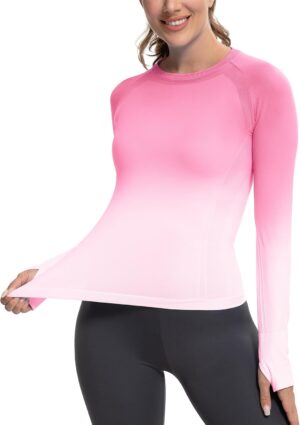 MathCat Long Sleeve Workout Tops for Women, Gradient Running Athletic Shirts, Seamless Breathable Tops with Thumb Holes